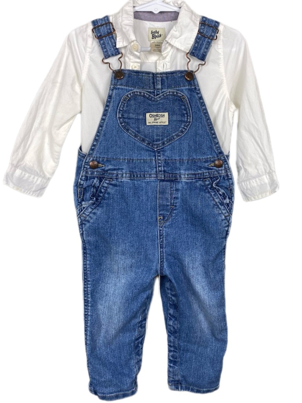 OshKosh Baby Girl Denim Overalls Set Heart Detail White Shirt Bodysuit 24 Months